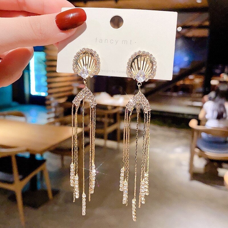 best New Classic Elegant Imitation Dangle Gold Color Earrings For Women Crystal Long Tassel Exquisite Drop Earring Wedding Jewelry ear ring shop online at M2K Trends for