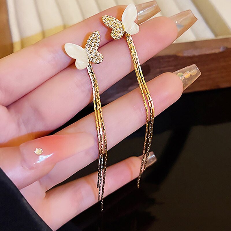 best New Classic Elegant Imitation Dangle Gold Color Earrings For Women Crystal Long Tassel Exquisite Drop Earring Wedding Jewelry ear ring shop online at M2K Trends for