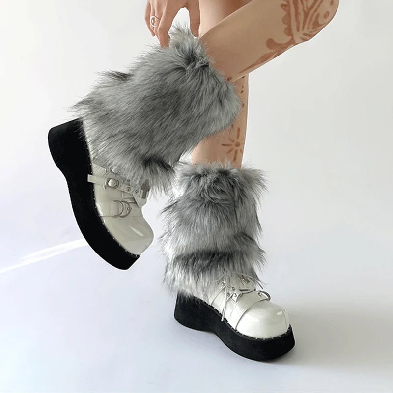 best New Gray Imitation Wolf Fur Leg Warmers Y2k Girl Winter Warm JK Furry Boots Socks Gothic Punk Jk Knee-length Hiphop Stockings shop online at M2K Trends for