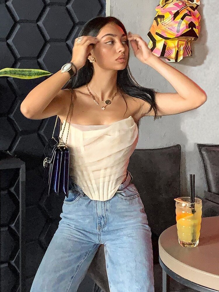 best NewAsia Sexy Corset Top Women Sleeveless Off Shoulder Female Boned Cropped Streetwear Bustier Mesh Crop Top White 0 shop online at M2K Trends for
