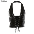 best Nibber Sexy Punk Y2K Black Leather Crop Top Womens Hollow Backless camisole 2021 Summer Vest Fashion Club Party Wear Tank Tops shop online at M2K Trends for