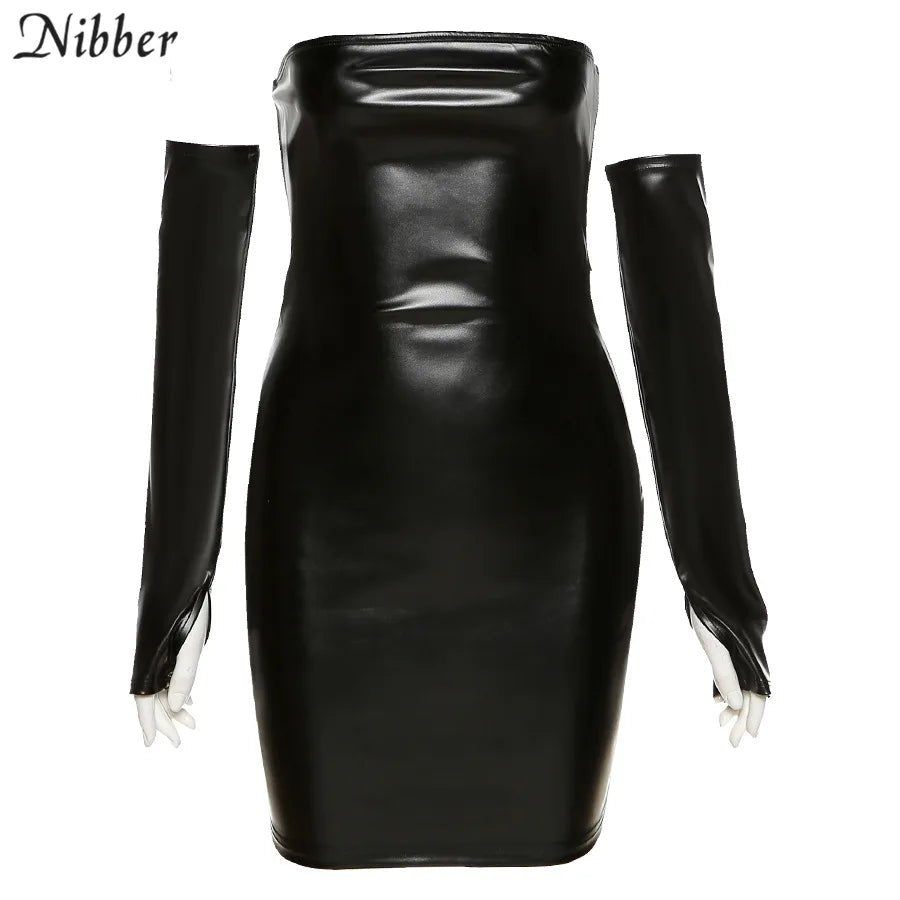 best Nibber Y2K Leather With Gloves Party Dress Women's Backless Sexy Low Cut Clubwear Skinny 2021 Black Bodycon Mini Dresses Female shop online at M2K Trends for