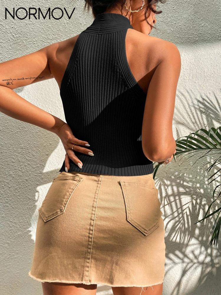 best NORMOV Sexy Casual Tank Top Women Basics Seamless Streetwear Ribbed Knitted Crop Tops Running Workout Fitness Vest Top Female 0 shop online at M2K Trends for