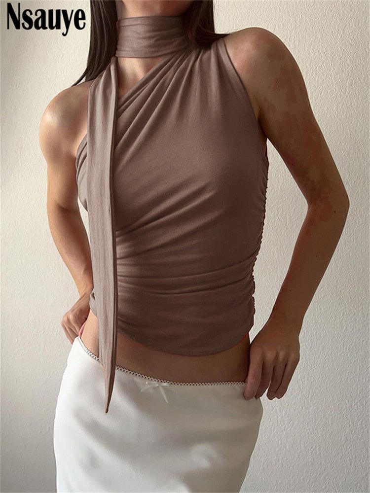best Nsauye Backless Sexy Off Shoulder Halter Tank Tops Women Vintage Sleeveless Crop Top Y2K Clothes Club Female Casual Summer 2023 0 shop online at M2K Trends for