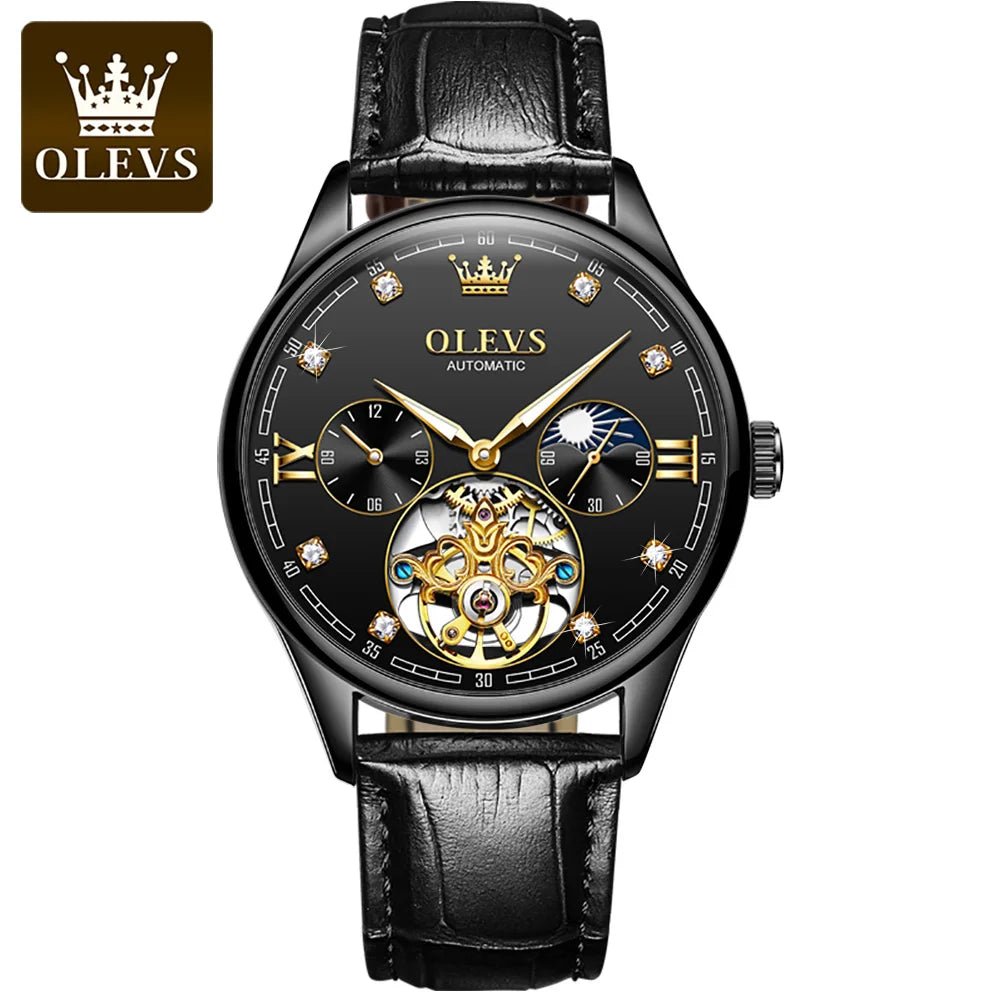 best OLEVS 3601 Tourbillon skeleton luxury business Moon Phase Calendar Leather Luminous Waterproof Men's Automatic Mechanical Watch shop online at M2K Trends for