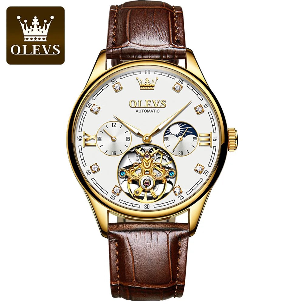 best OLEVS 3601 Tourbillon skeleton luxury business Moon Phase Calendar Leather Luminous Waterproof Men's Automatic Mechanical Watch shop online at M2K Trends for
