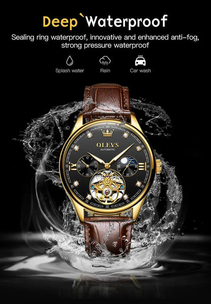 best OLEVS 3601 Tourbillon skeleton luxury business Moon Phase Calendar Leather Luminous Waterproof Men's Automatic Mechanical Watch shop online at M2K Trends for