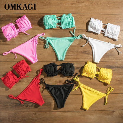 best OMKAGI Bandeau Bikini 2021 Swimsuit Women Swimwear Biquinis Sexy Push Up Swimming Bathing Suit Beachwear Micro Bikini Set 0 shop online at M2K Trends for