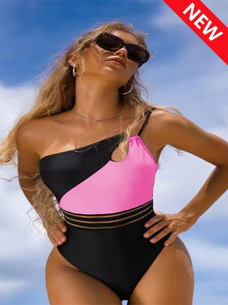 best One Shoulder Cut Out Bikini One-Piece Swimsuit for Women Mesh Panel Patchwork Bikini Set Swimwear 2023 Bathing Suits Beachwear 0 shop online at M2K Trends for