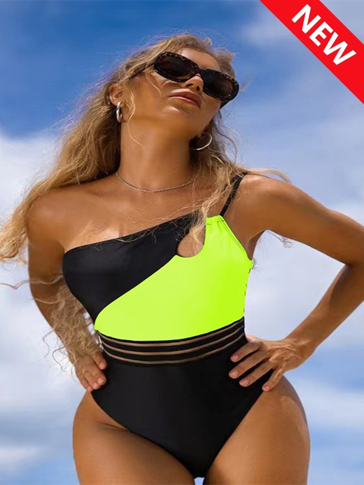 best One Shoulder Cut Out Bikini One-Piece Swimsuit for Women Mesh Panel Patchwork Bikini Set Swimwear 2023 Bathing Suits Beachwear 0 shop online at M2K Trends for