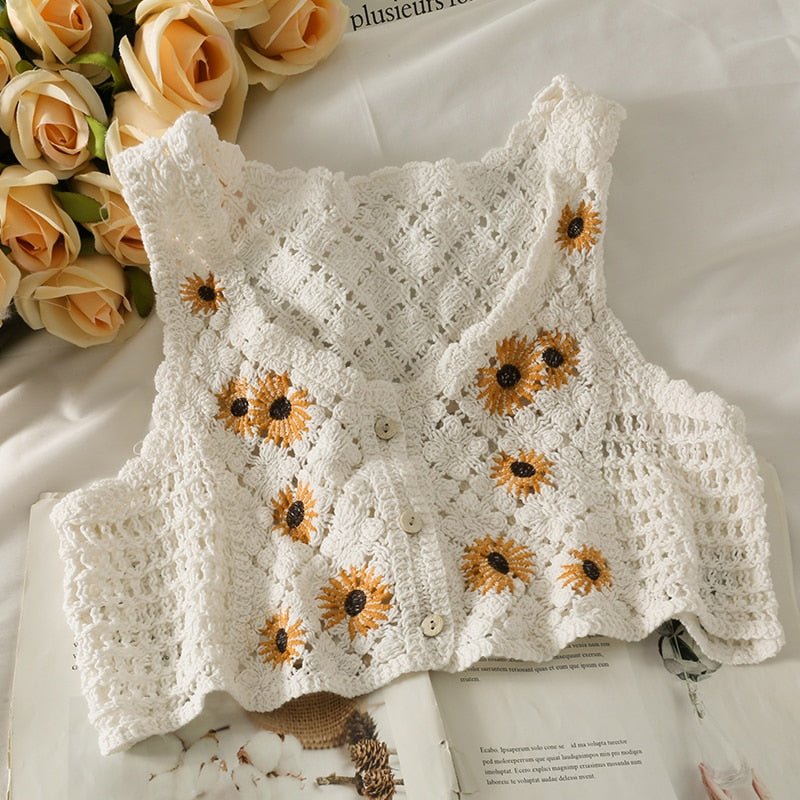 best OUMEA Women Sweet Cotton Cardigan Summer Floral Embroidery Sleeveless Buttons Front Crop Tops Beach Sweet Crochet French Style 0 shop online at M2K Trends for