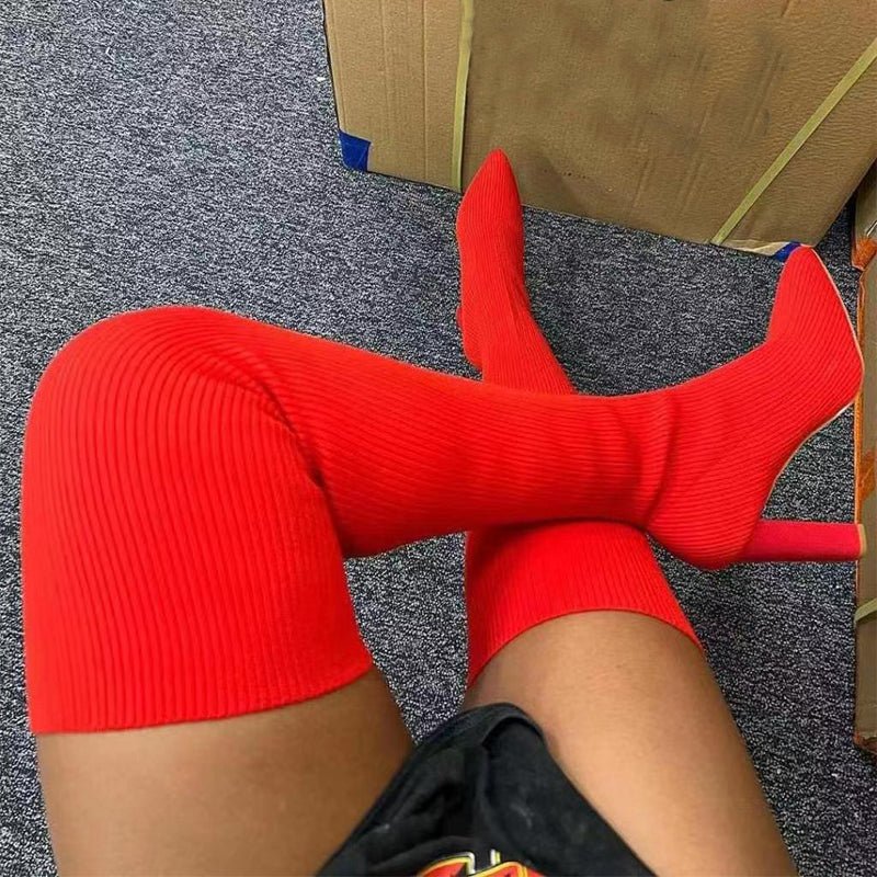 best Over Knee Long Boots Pointed Toe High Heel Stretch Knitting Shoes Women Winter Boot 4 shop online at M2K Trends for