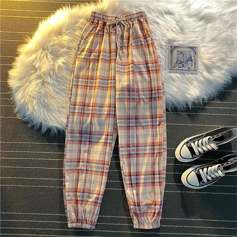 best Pants Women New Bunch of feet Fashion Loose Black Plaid Summer Harajuku Students Streetwear Harem Long Trousers Womens Chic 0 shop online at M2K Trends for