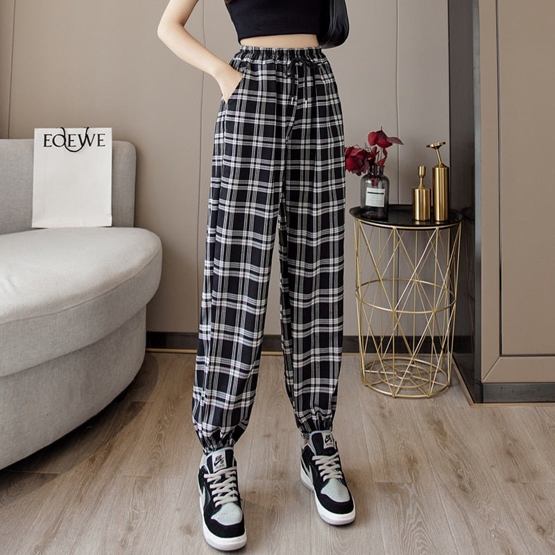 best Pants Women New Bunch of feet Fashion Loose Black Plaid Summer Harajuku Students Streetwear Harem Long Trousers Womens Chic 0 shop online at M2K Trends for