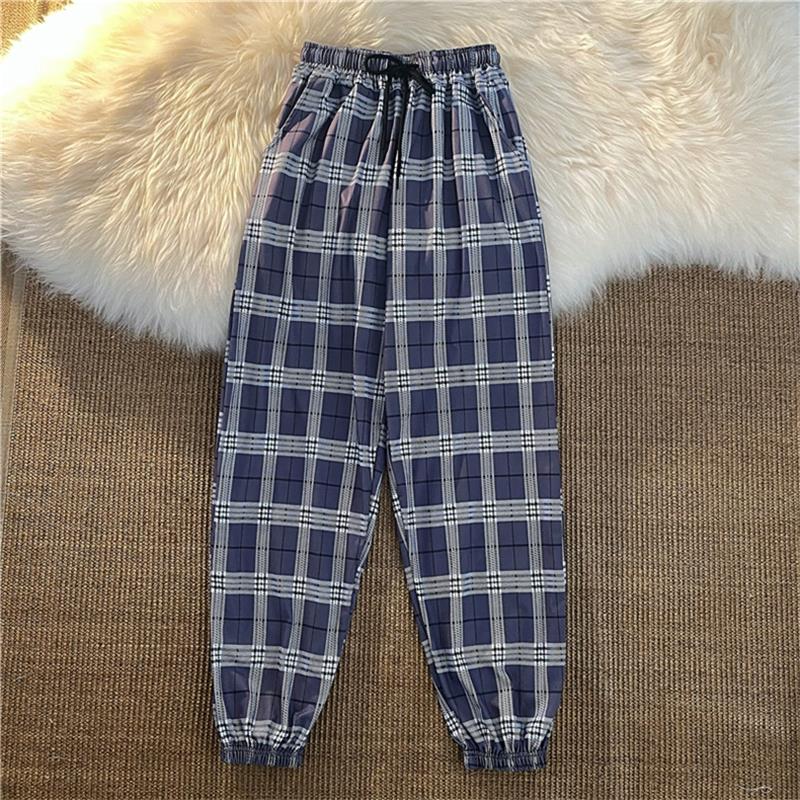 best Pants Women New Bunch of feet Fashion Loose Black Plaid Summer Harajuku Students Streetwear Harem Long Trousers Womens Chic 0 shop online at M2K Trends for