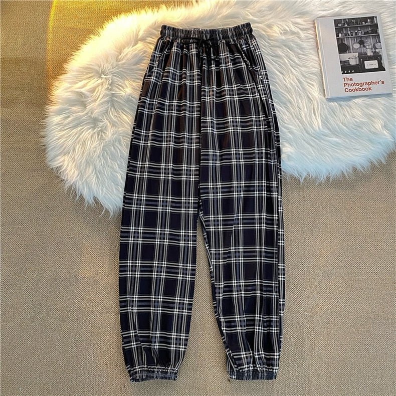 best Pants Women New Bunch of feet Fashion Loose Black Plaid Summer Harajuku Students Streetwear Harem Long Trousers Womens Chic 0 shop online at M2K Trends for