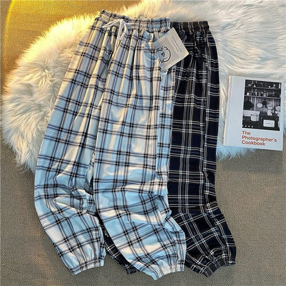 best Pants Women New Bunch of feet Fashion Loose Black Plaid Summer Harajuku Students Streetwear Harem Long Trousers Womens Chic 0 shop online at M2K Trends for