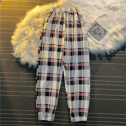 best Pants Women New Bunch of feet Fashion Loose Black Plaid Summer Harajuku Students Streetwear Harem Long Trousers Womens Chic 0 shop online at M2K Trends for