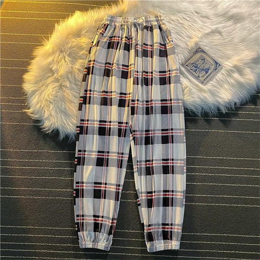 best Pants Women New Bunch of feet Fashion Loose Black Plaid Summer Harajuku Students Streetwear Harem Long Trousers Womens Chic 0 shop online at M2K Trends for