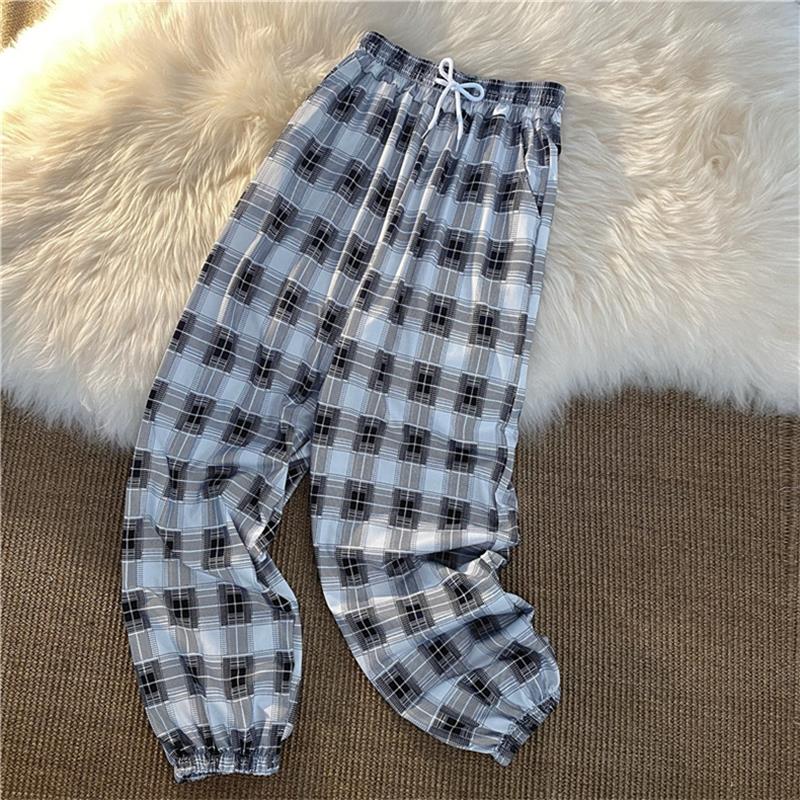 best Pants Women New Bunch of feet Fashion Loose Black Plaid Summer Harajuku Students Streetwear Harem Long Trousers Womens Chic 0 shop online at M2K Trends for