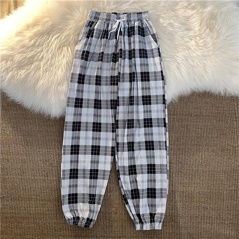 best Pants Women New Bunch of feet Fashion Loose Black Plaid Summer Harajuku Students Streetwear Harem Long Trousers Womens Chic 0 shop online at M2K Trends for