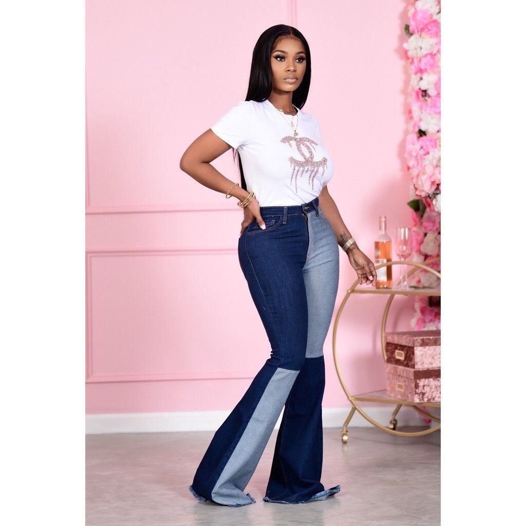 best Patchwork Denim Flared wide leg Pants Clothing shop online at M2K Trends for