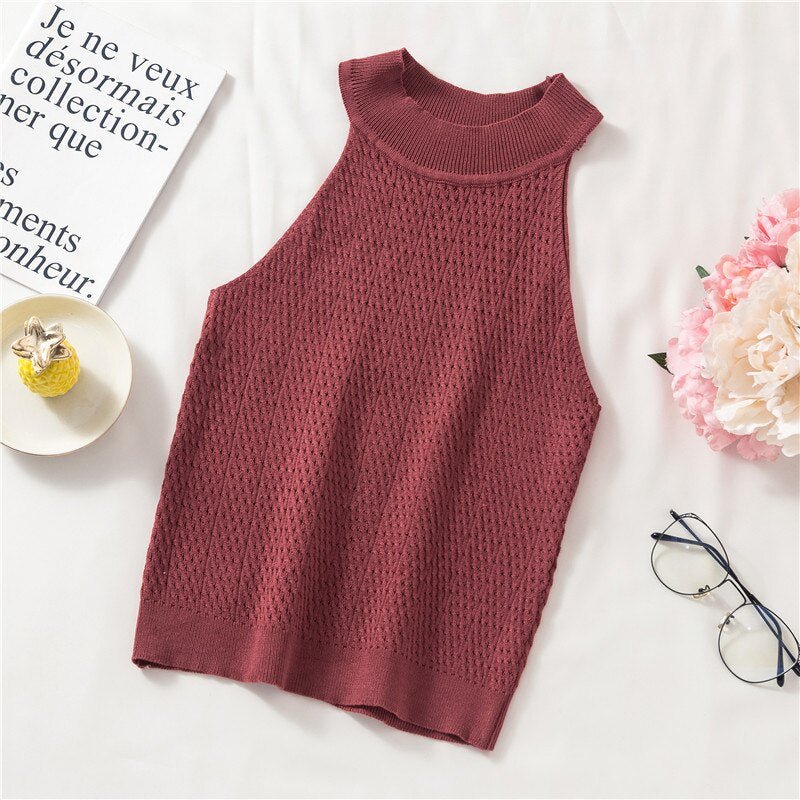 best Pearl Diary Women Knitting Halter Neck Tops Summer Sleeveless Sexy Slim Fit Tops French Style Elegant Knitted Tops For Women 0 shop online at M2K Trends for