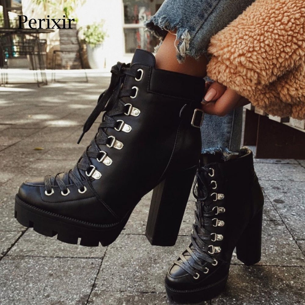 best Perixir Fashion Platform Ankle Boots Women 2020 Spring Autumn Black Leather 12cm Thick Heel Boots Ladies Worker Womens Boots 0 shop online at M2K Trends for