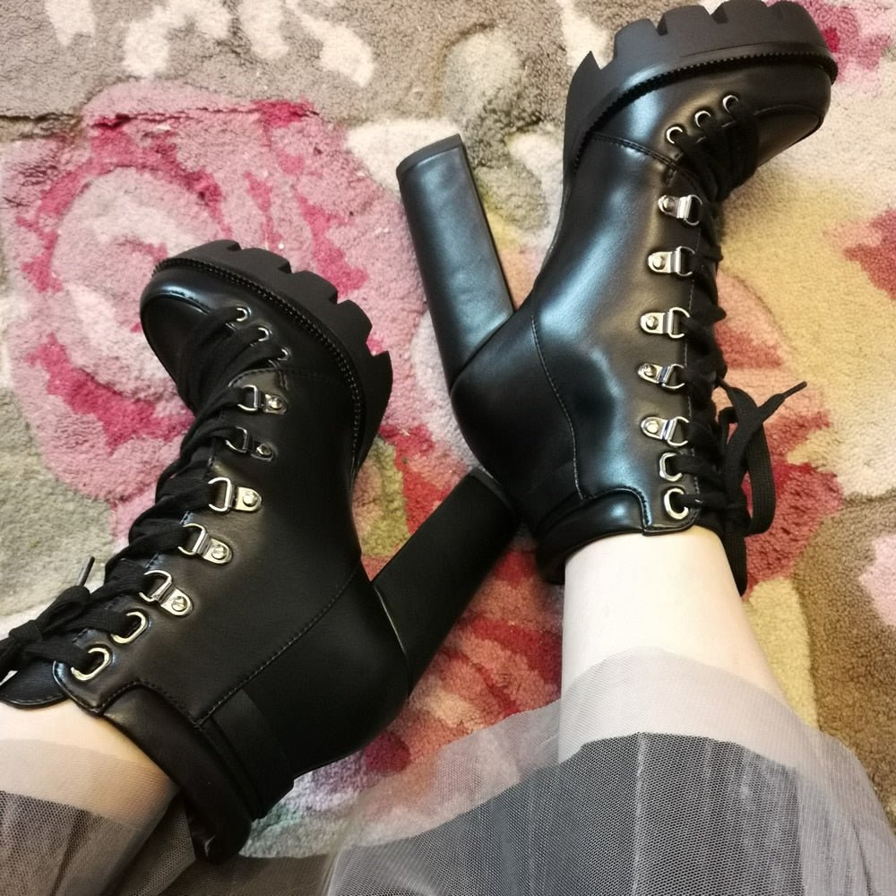 best Perixir Fashion Platform Ankle Boots Women 2020 Spring Autumn Black Leather 12cm Thick Heel Boots Ladies Worker Womens Boots 0 shop online at M2K Trends for