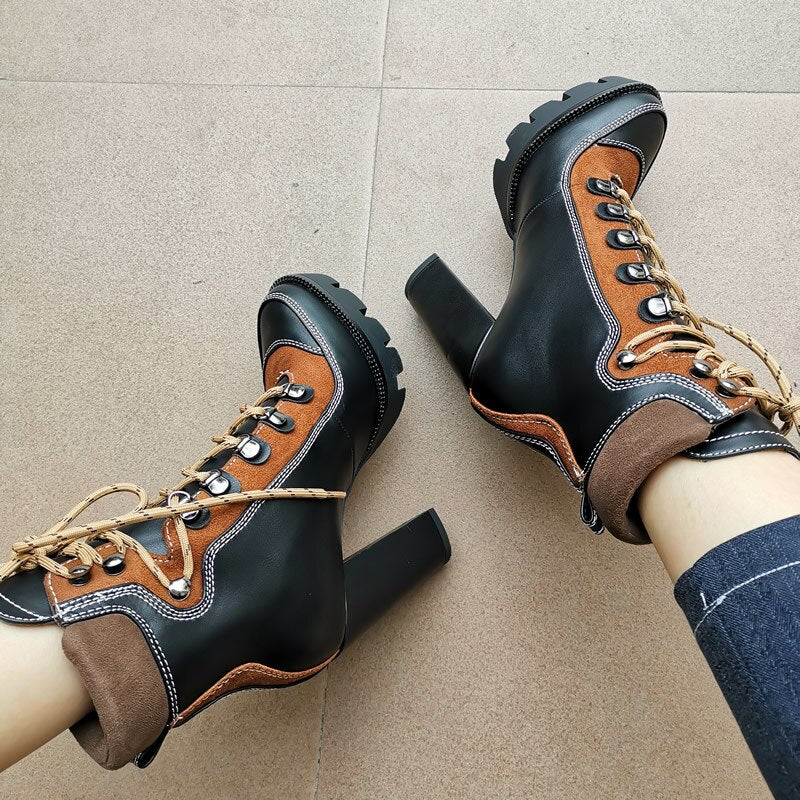 best Perixir Spring Autumn Fashion Platform Ankle Boots Women 12cm Thick Heel Platform Boots Ladies Worker Boots Black Brown Shoes 0 shop online at M2K Trends for