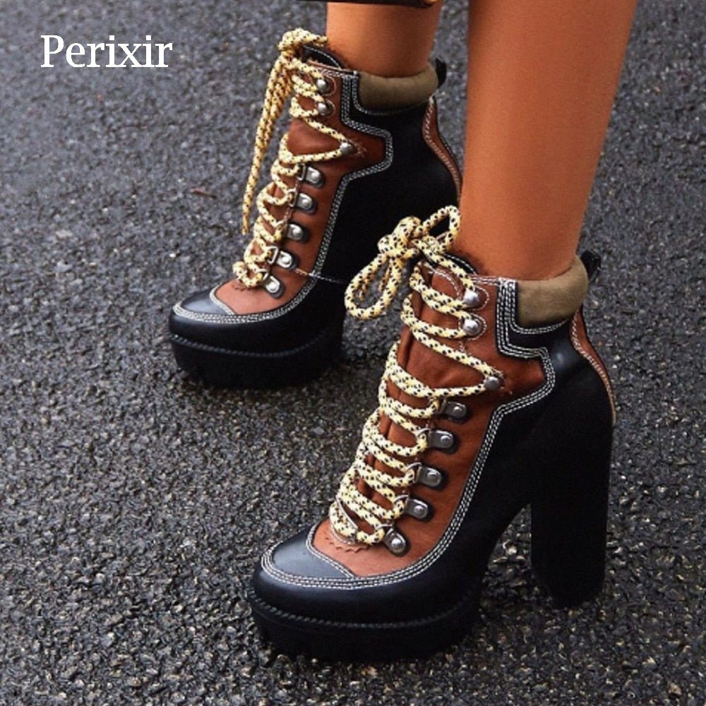 best Perixir Spring Autumn Fashion Platform Ankle Boots Women 12cm Thick Heel Platform Boots Ladies Worker Boots Black Brown Shoes 0 shop online at M2K Trends for