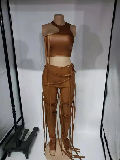 best PU Leather Bandage Two Piece Set Women Sexy One Shoulder Crop Top + Lace Up Slit Hem Pants Club Party 2 Piece Set Outfits y2k shop online at M2K Trends for