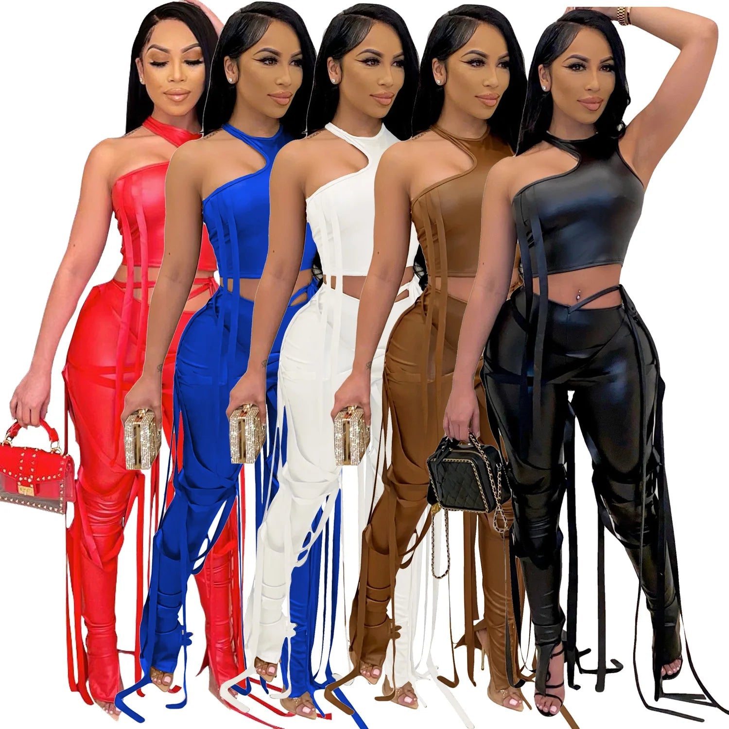 best PU Leather Bandage Two Piece Set Women Sexy One Shoulder Crop Top + Lace Up Slit Hem Pants Club Party 2 Piece Set Outfits y2k shop online at M2K Trends for