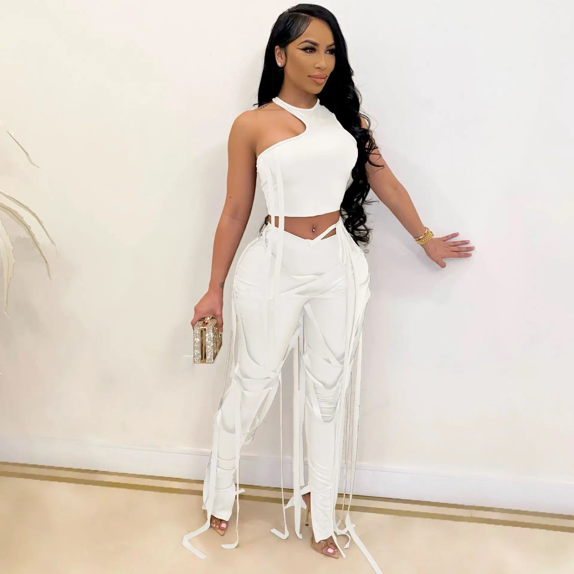 best PU Leather Bandage Two Piece Set Women Sexy One Shoulder Crop Top + Lace Up Slit Hem Pants Club Party 2 Piece Set Outfits y2k shop online at M2K Trends for