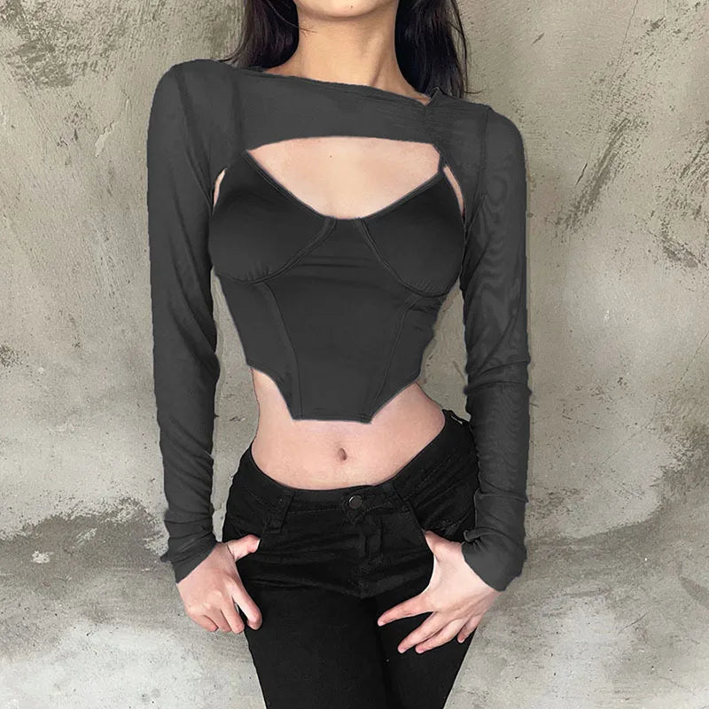 best Purple Long Sleeve Crop Top Women Spaghetti Strap Corset Top Summer Sexy Mesh Camis Tops Y2K Two Piece Set Club Outfits Blouse shop online at M2K Trends for