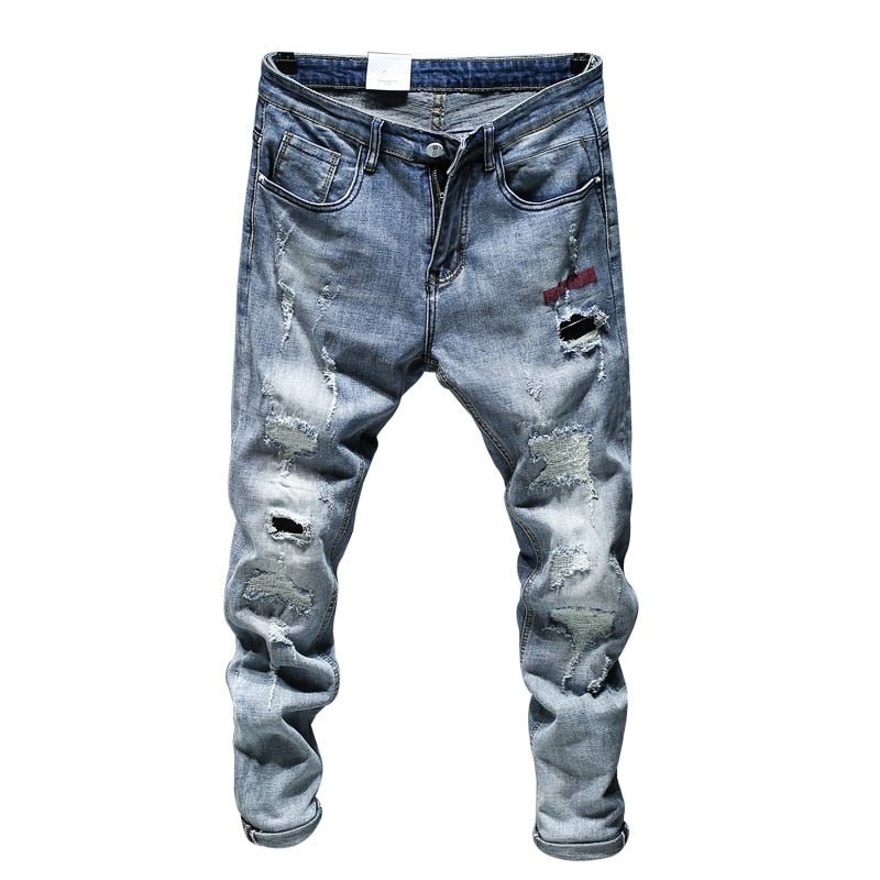 best Ripped Jeans For Men Skinny Slim Fit Light Blue Spring 2021 New Frayed Streetwear Hip Hop Denim Pants Patchwork Men's Trousers 0 shop online at M2K Trends for
