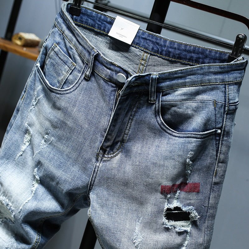 best Ripped Jeans For Men Skinny Slim Fit Light Blue Spring 2021 New Frayed Streetwear Hip Hop Denim Pants Patchwork Men's Trousers 0 shop online at M2K Trends for