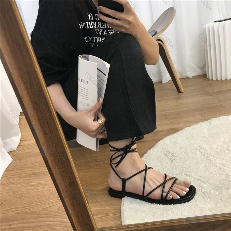 best Roman Sandals Women's 2023 Summer New Fashion Flat Open Toe Cross Tie Shoes Casual Elegant Dress Lace Up Beach Gladiator Sandals 0 shop online at M2K Trends for