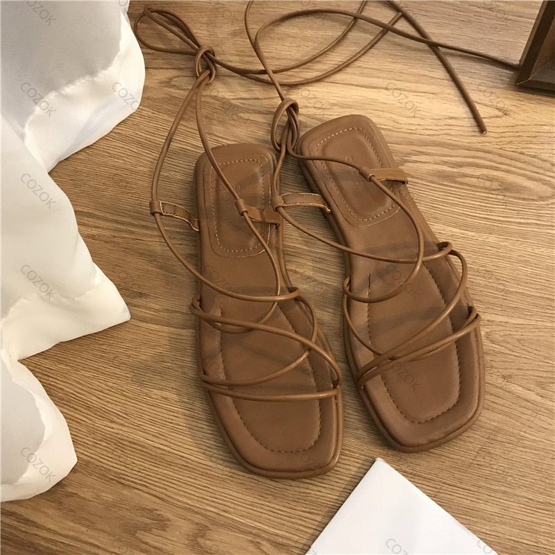 best Roman Sandals Women's 2023 Summer New Fashion Flat Open Toe Cross Tie Shoes Casual Elegant Dress Lace Up Beach Gladiator Sandals 0 shop online at M2K Trends for