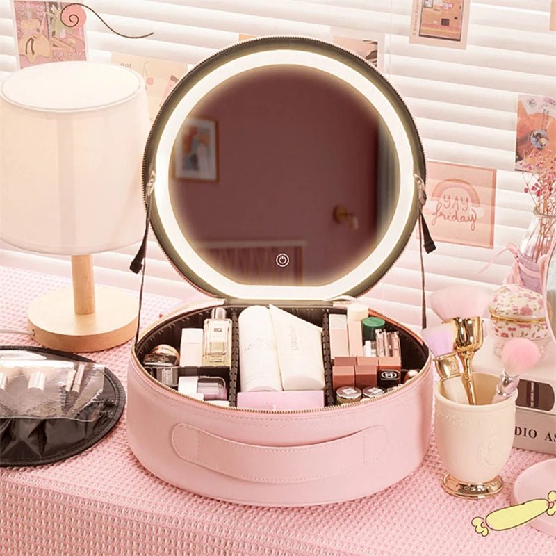 best Round Smart LED Makeup Bag With Mirror Lights Women Beauty Bag Large Capacity PU Leather Travel Organizers Cosmetic Case 0 shop online at M2K Trends for
