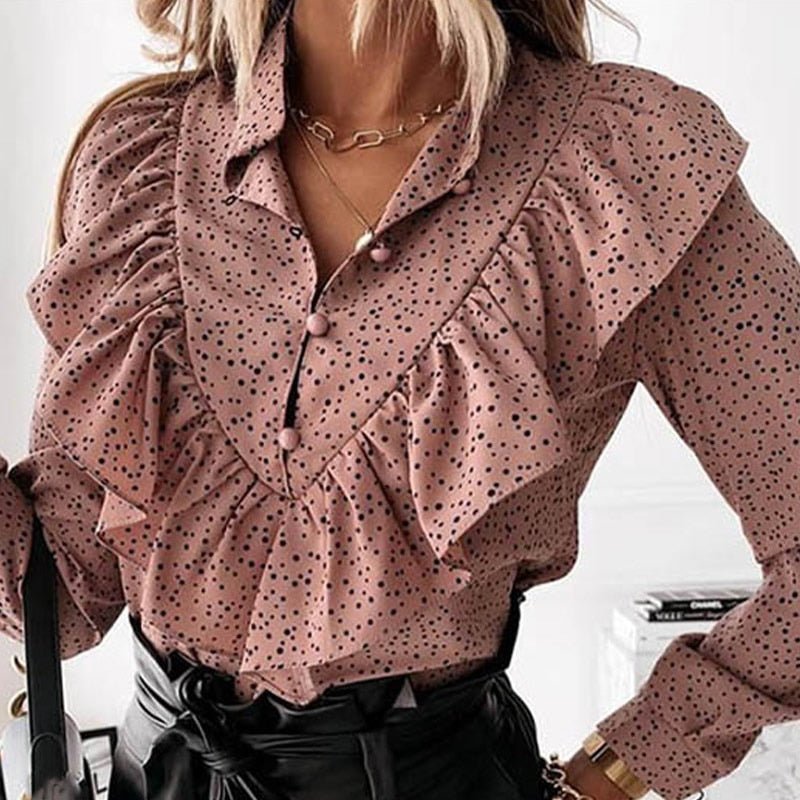 best Ruffled Polka Dot Print Women Blouses Autumn Single Breasted Long Sleeve Female Blouse 2021 Elegant Office Ladies Tops Clothes Women`s Blouse shop online at M2K Trends for Women`s blouse