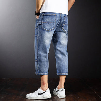 best Seven Points Denim Shorts Men Straight Loose Over The Knee Medium Pants Fat Guy Pants 0 shop online at M2K Trends for