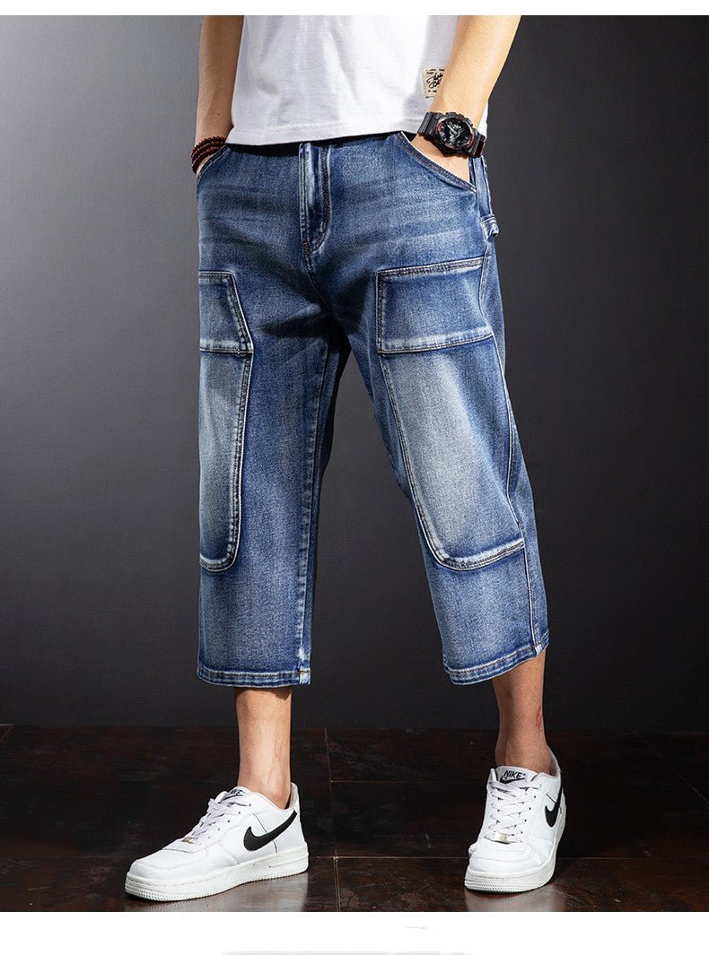 best Seven Points Denim Shorts Men Straight Loose Over The Knee Medium Pants Fat Guy Pants 0 shop online at M2K Trends for