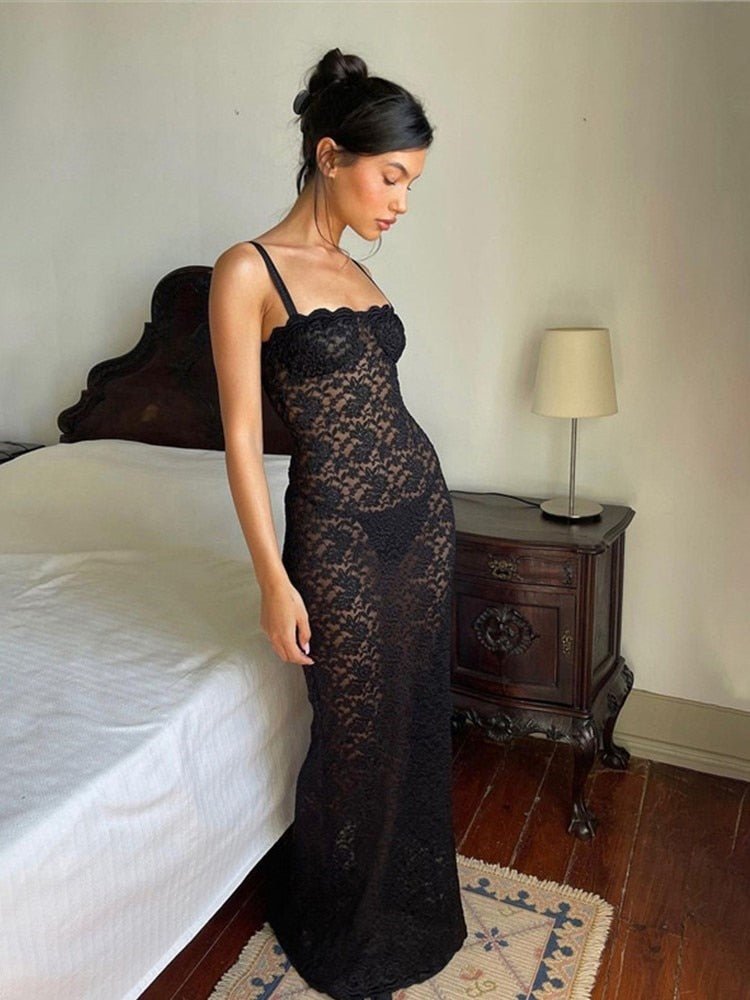 best Sexy Lace See Through Split Women Long Dress Female Slash Neck Spaghetti Straps Slim Fit Dresses Summer Fashion Elegant Vestidos 0 shop online at M2K Trends for