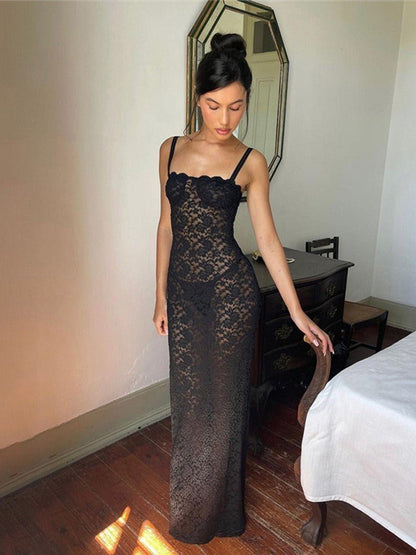 best Sexy Lace See Through Split Women Long Dress Female Slash Neck Spaghetti Straps Slim Fit Dresses Summer Fashion Elegant Vestidos 0 shop online at M2K Trends for