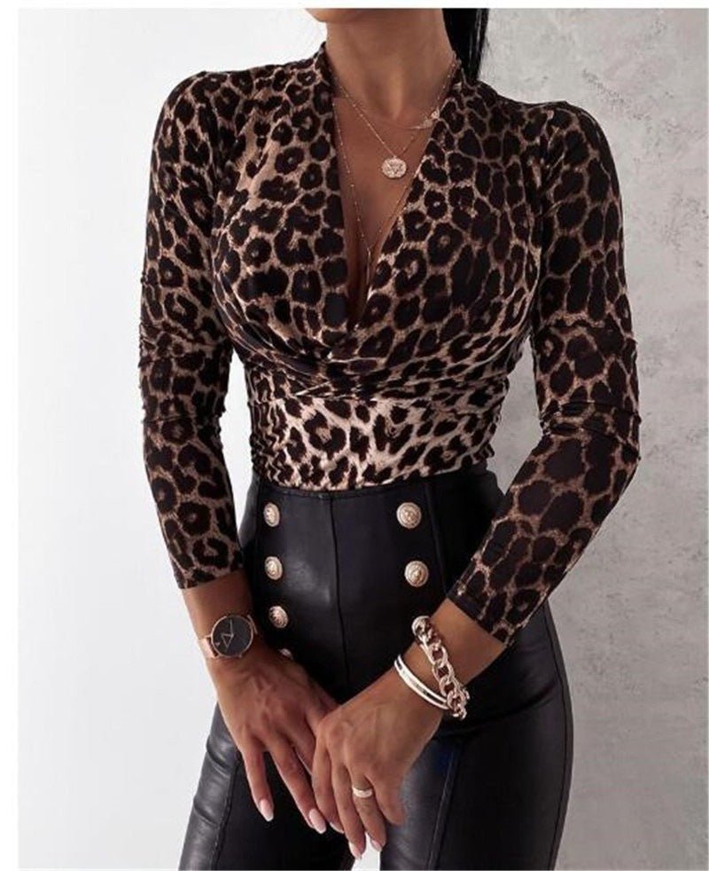 best Sexy Long Sleeve V-neck Leopard Print Ladies Blouse Clothing shop online at M2K Trends for