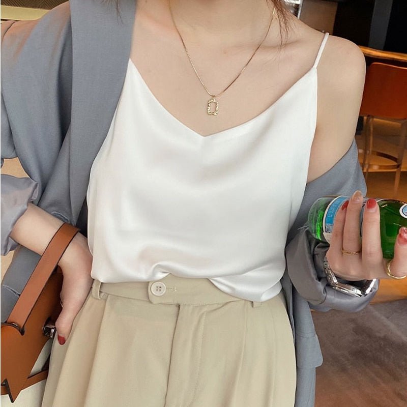 best Sexy Strap Crop Top Women Halter V Neck Basic White Black Cami Sleeveless Satin Tube Tank Tops Women'S Summer Y2K Camisole 0 shop online at M2K Trends for