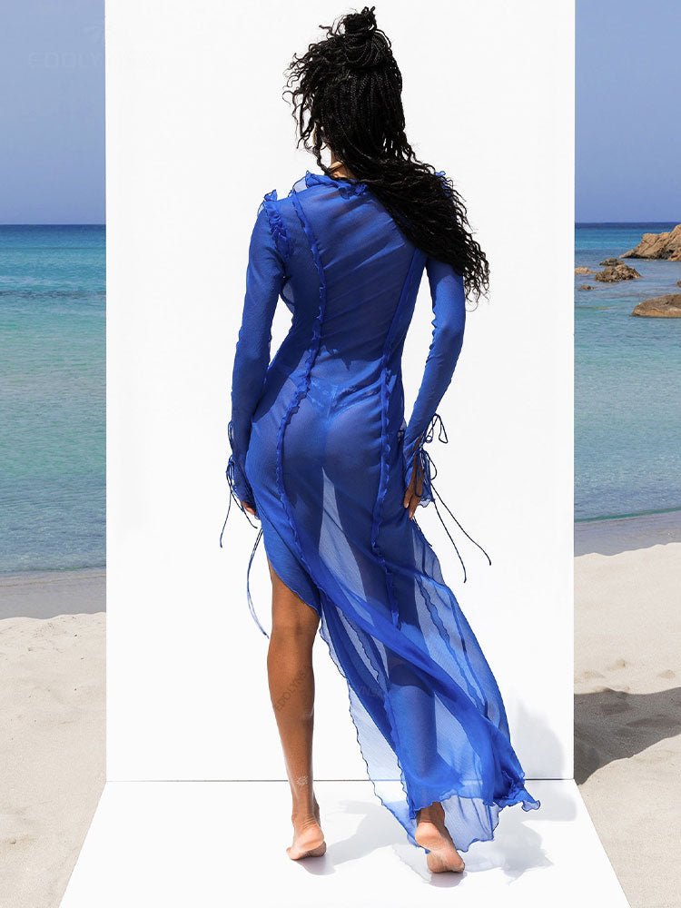 best Sexy V neck Perspective Ruffle Drawstring Tight Maxi Dresses For Women 2023 Spring Summer Elegant Side Split Party Vestido A1942 0 shop online at M2K Trends for