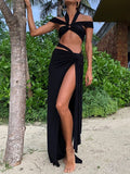 best Sexy Women Summer Sleeveless Dress Solid Color Cross Halter Neck Cutout Split Hem Long Dress For Club Party Beachwear Hot Sale 0 shop online at M2K Trends for