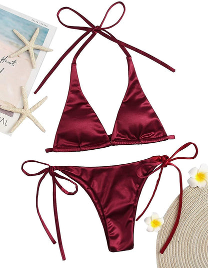 best Sexy Women's Metallic Halter Top Two Piece Swimsuit Tie Side Triangle Bikini Summer Solid Bathing Suit Beachwear Bikini Set 0 shop online at M2K Trends for